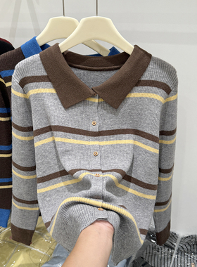 四季青2025秋季新款撞色翻领条纹长袖针织开衫女韩系减龄洋气上衣