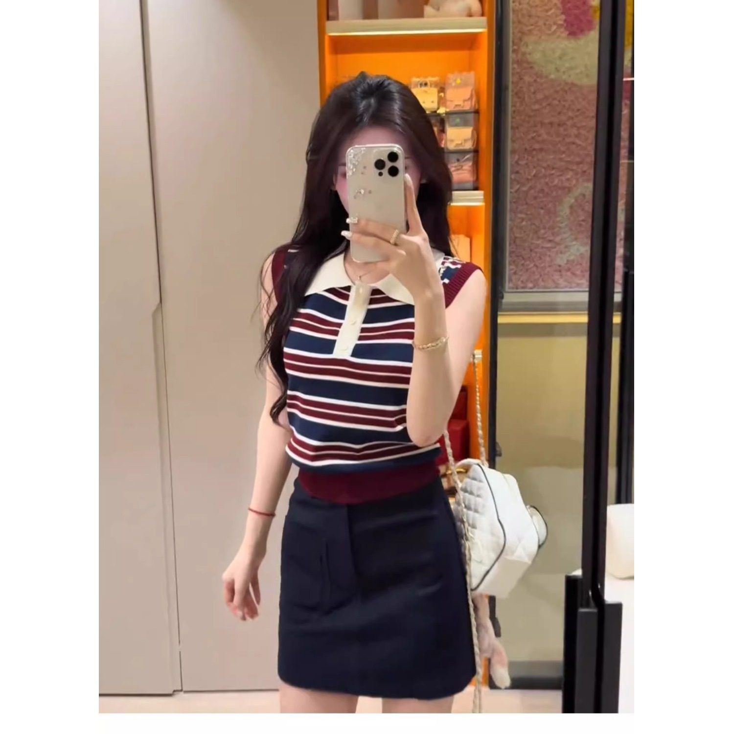 撞色条纹polo领冰丝针织背心