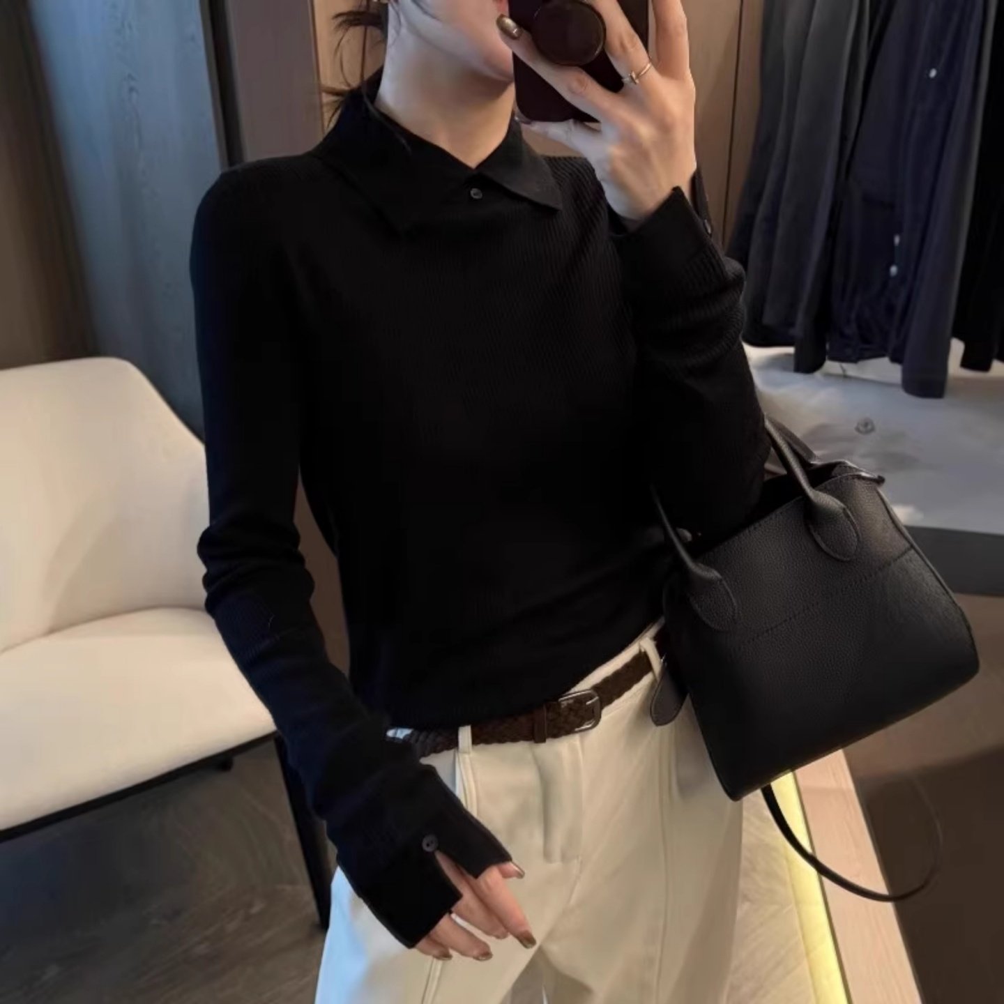 翻领简约纯色细羊毛针织衫女