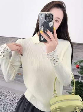 韩系秋冬蕾丝袖拼接翻领针织衫女温柔风修身显瘦内搭打底毛衣上衣