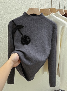 欧货设计感小众针织长袖t恤女秋冬新款半高领立体花朵减龄打底衫