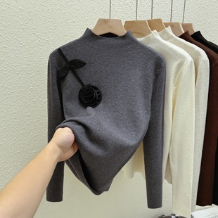欧货设计感小众针织长袖t恤女秋冬新款半高领立体花朵减龄打底衫