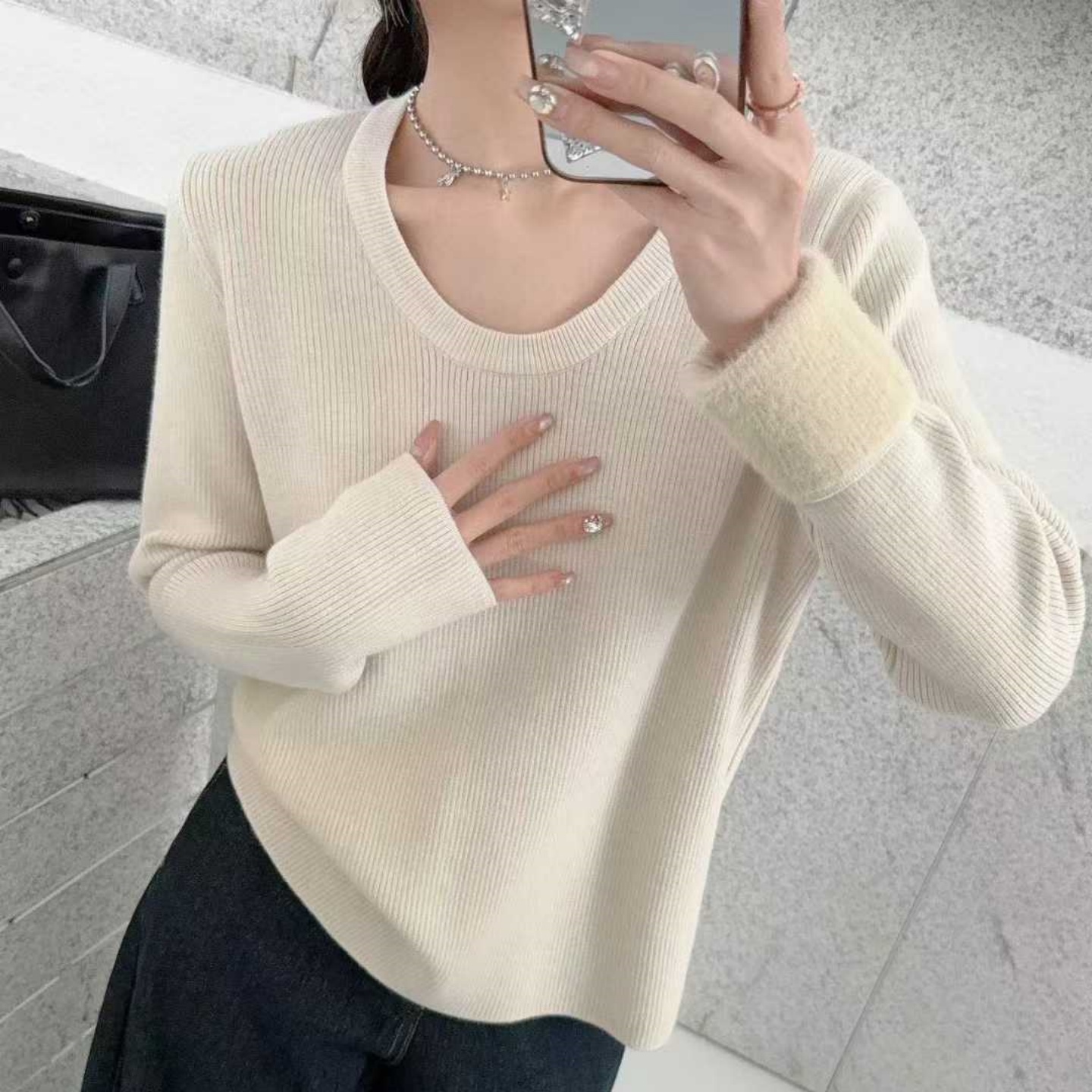 现货速发一体水貂绒U领加绒毛衣