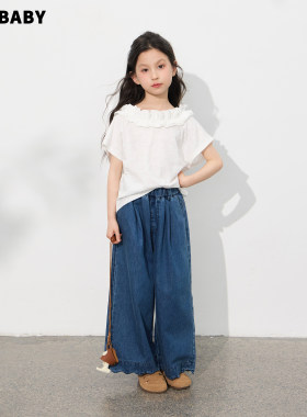 【现货】senbaby童装女童短袖T恤2026夏季儿童宽松白色花边领上衣