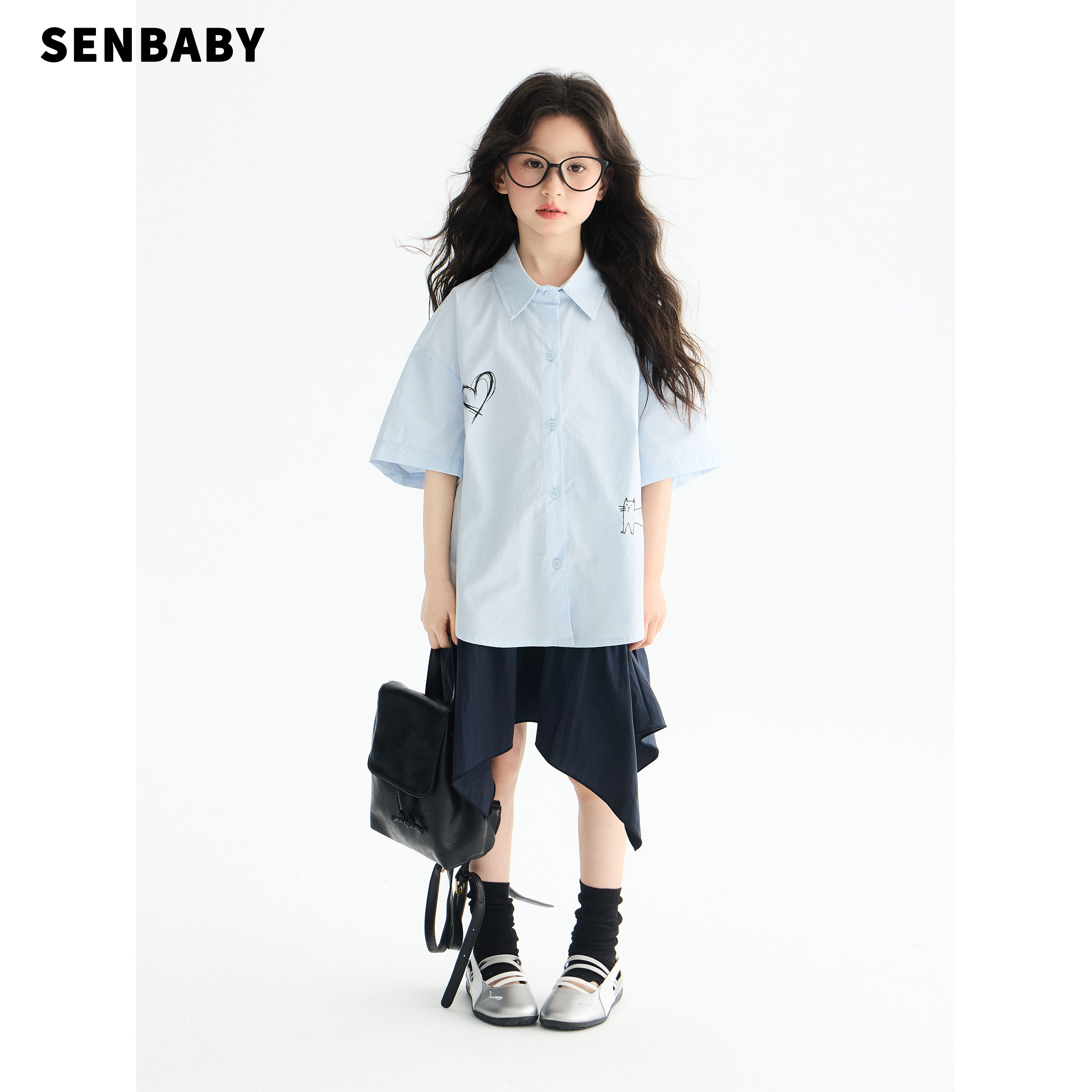 senbaby童装女童学院风套装夏浅蓝色短袖衬衫不规则半身裙两件套