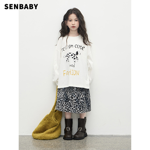 女童设计感套装 senbaby童装 2025秋新斑点狗T恤豹纹半身裙 现货