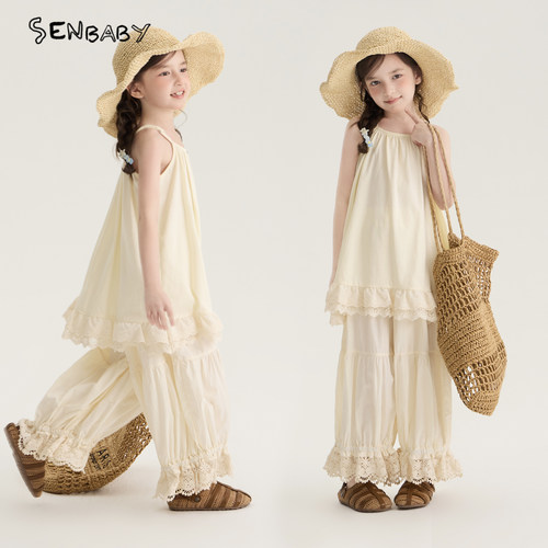 【现货】senbaby童装女童两件套韩版儿童提花吊带衫花边裤套装