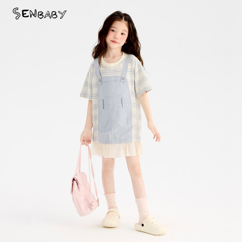 【现货】senbaby童装女童短袖裙夏季儿童连衣裙圆领条纹背带T恤裙