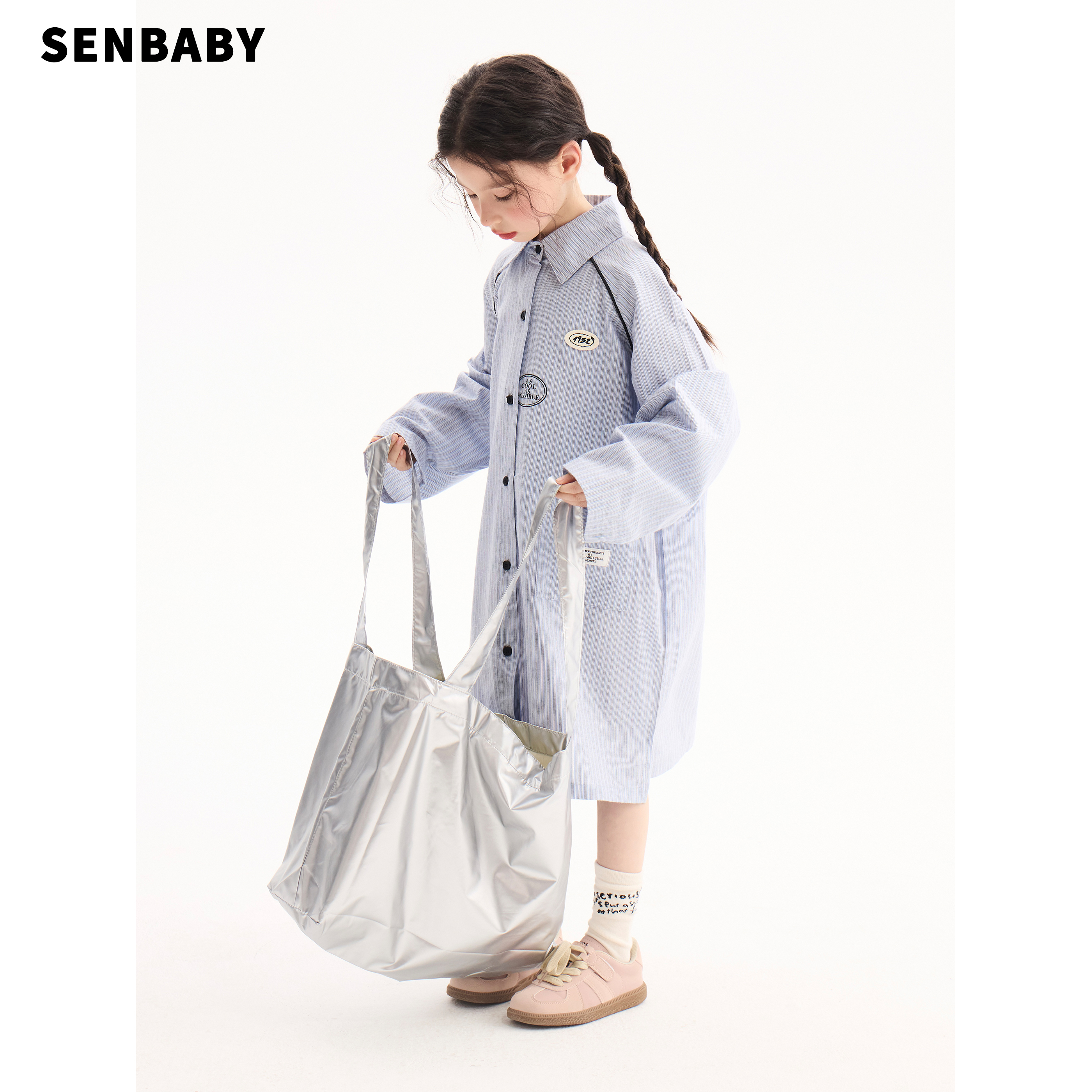 senbaby童装女童春季连衣裙韩版简约长款衬衣裙子儿童长款衬衫裙