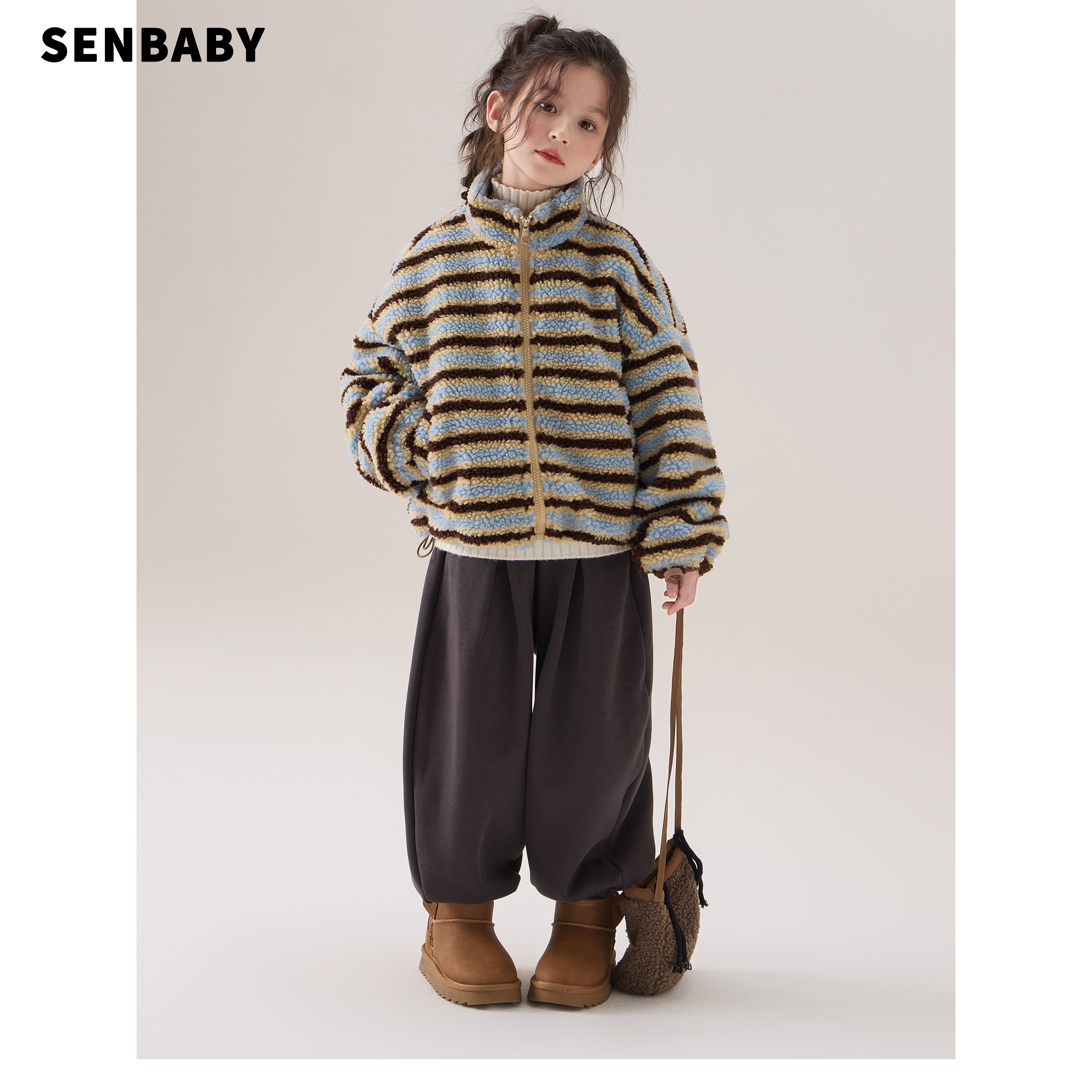 senbaby童装女童加绒保暖外套2025冬季新款儿童洋气条纹毛绒外套