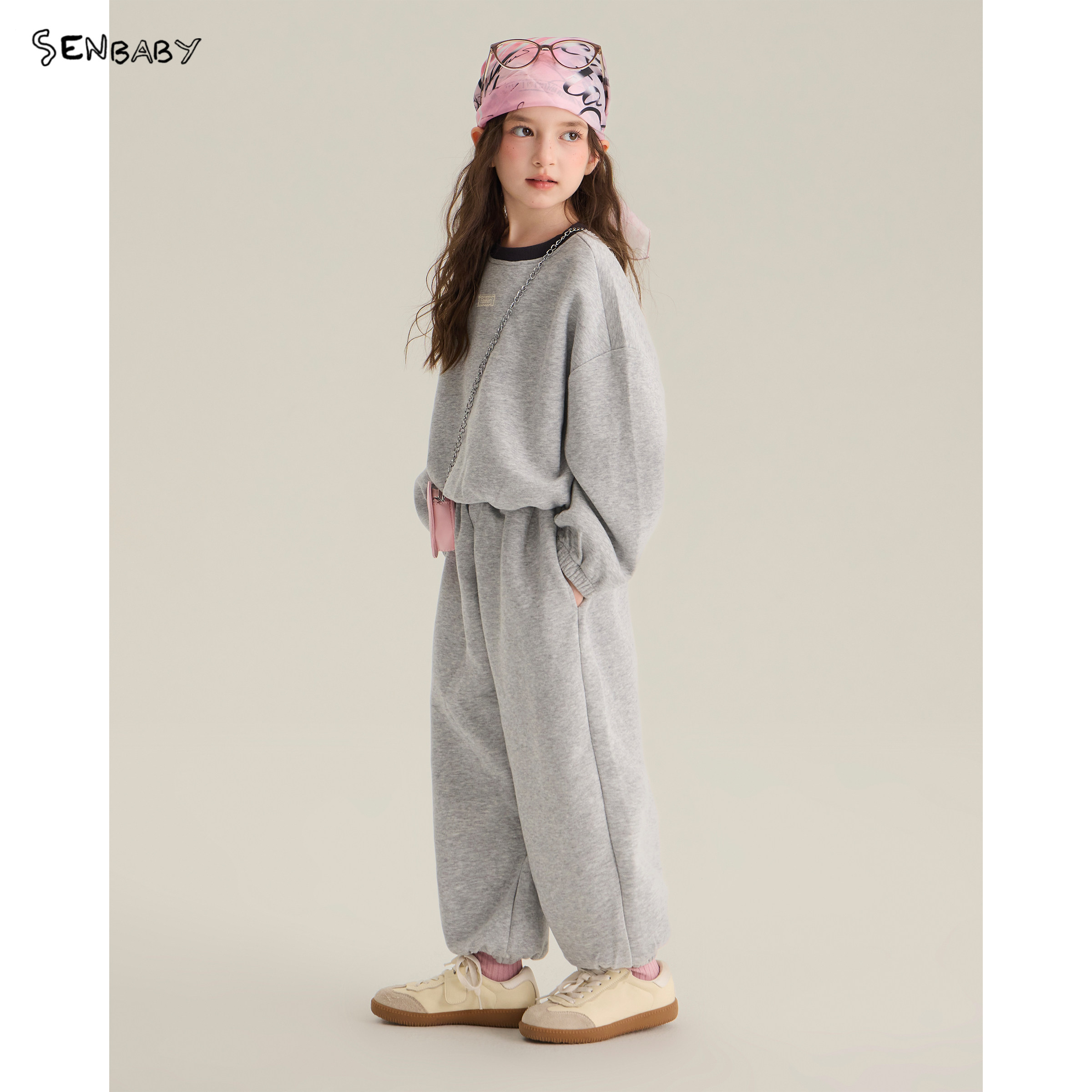 【现货】senbaby童装女童卫衣2026秋新款灰色套头卫衣卫裤套装图片