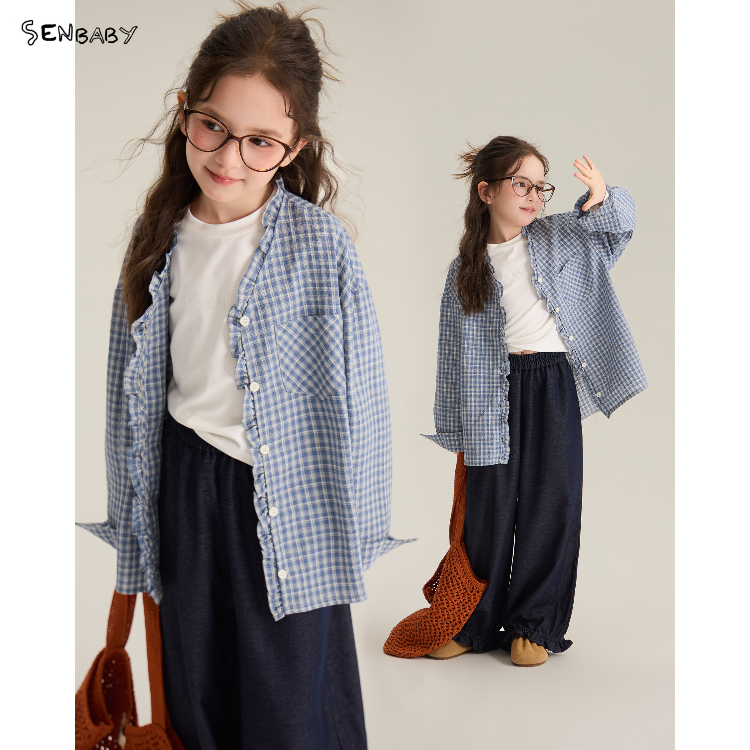 【现货】senbaby童装26秋款女童衬衫外套木耳边宽松长袖格子开衫