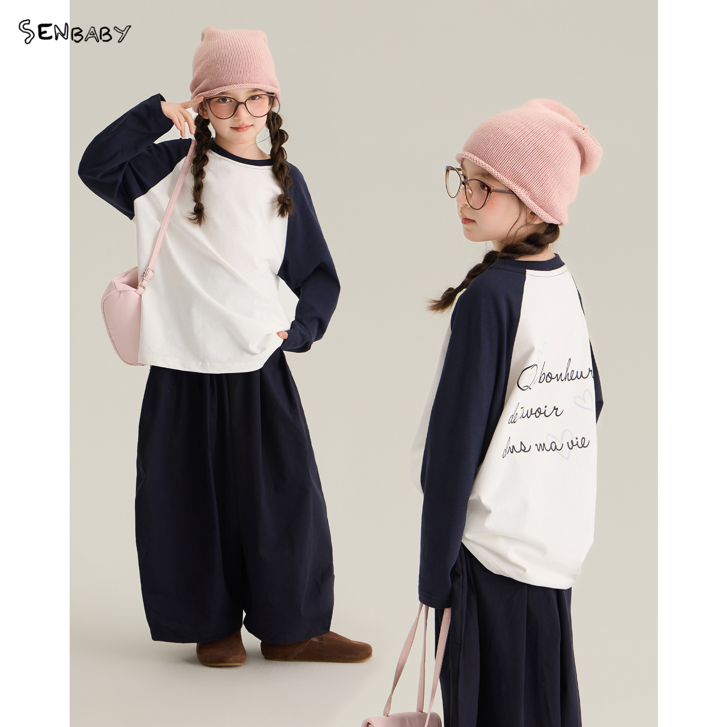 【现货】senbaby童装女童长袖T恤裤子两件套藏青印花T廓形休闲裤图片