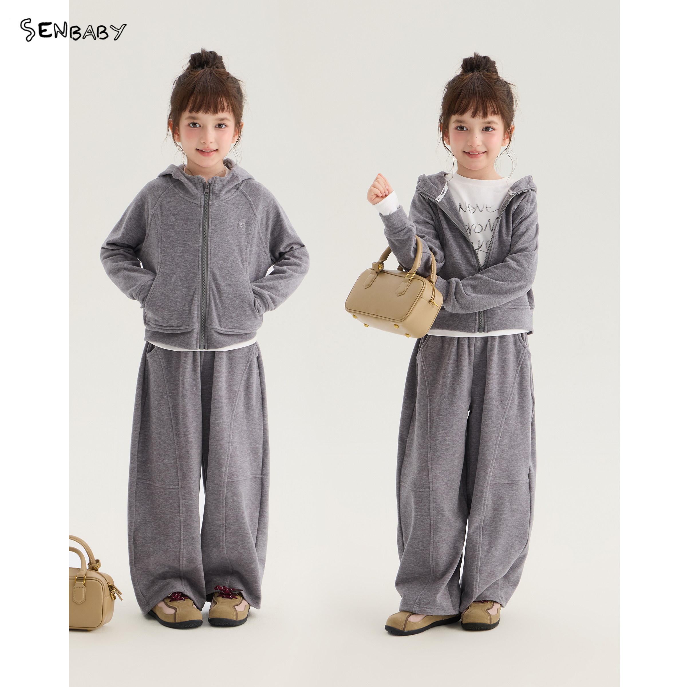 senbaby童装女童卫衣卫裤两件套26秋季新款儿童灰色连帽外套套装图片