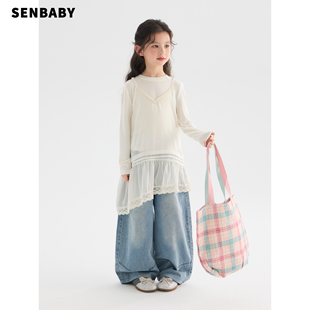 韩版 senbaby童装 女童套装 早春新款 两件套 儿童不规则纱搭配打底衫
