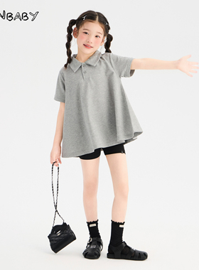 senbaby童装女童休闲风套装夏季A字翻领polo上衣黑色骑行裤两件套