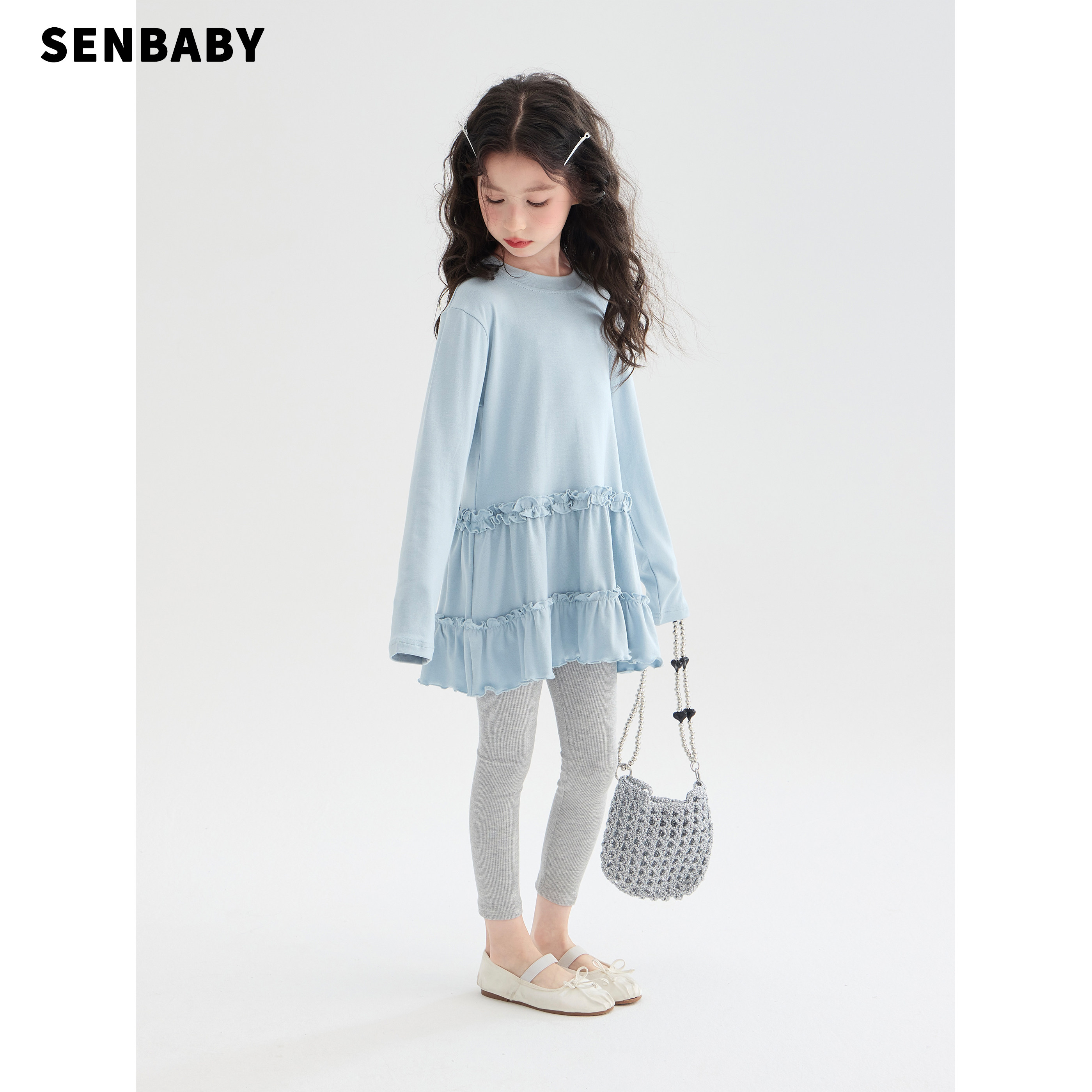 senbaby童装女童上衣裙2026春季新款韩版儿童长袖木耳边上衣裙子