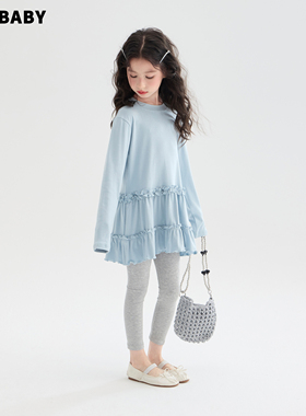 senbaby童装女童上衣裙2026春季新款韩版儿童长袖木耳边上衣裙子