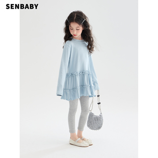 senbaby童装女童上衣裙2026春季新款韩版儿童长袖木耳边上衣裙子