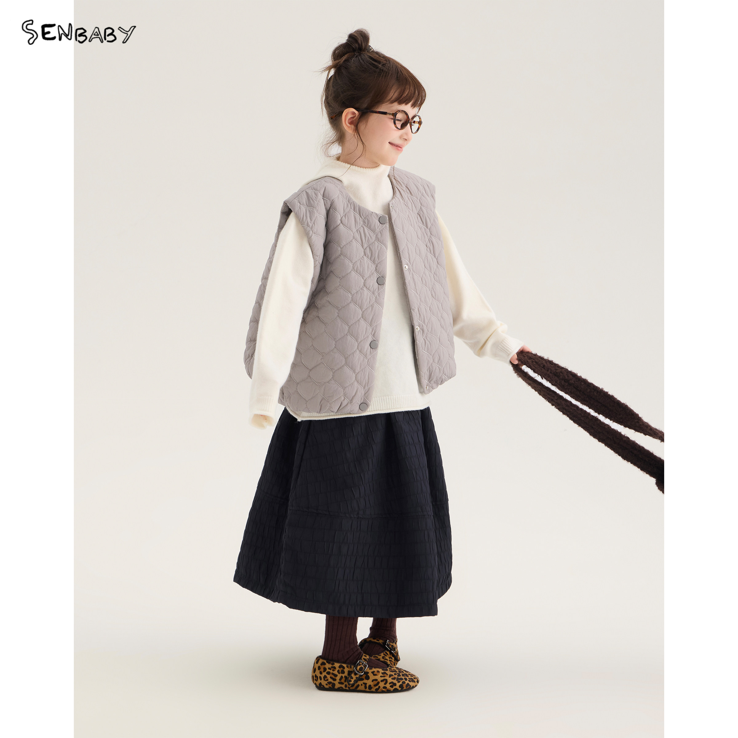 【现货】senbaby童装女童2026秋冬绗棉马甲韩系灰色薄款无袖外套图片