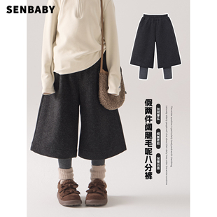 儿童保暖加绒假两件八分裤 senbaby童装 冬季 2025新款 女童毛呢裤
