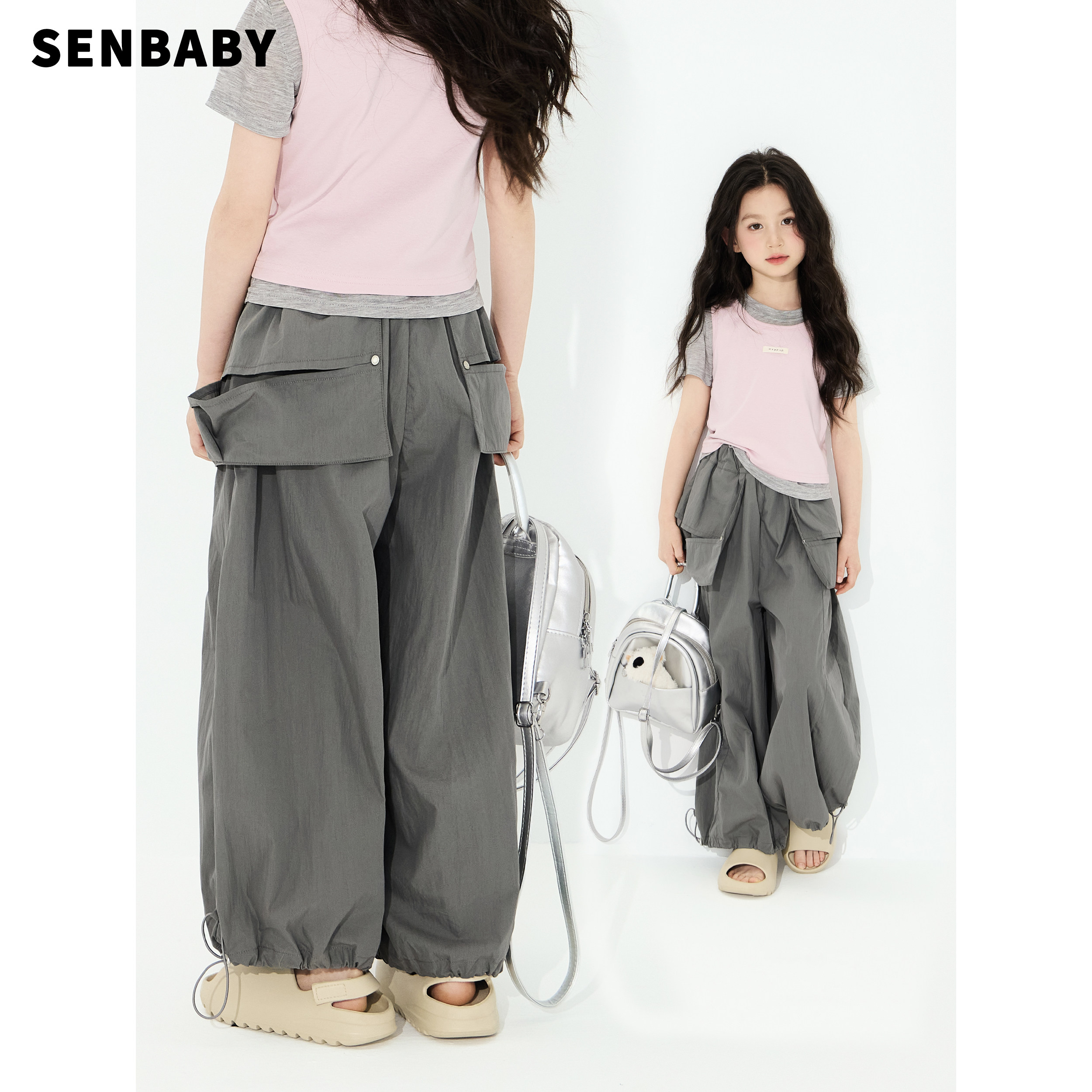 senbaby童装女童阔腿裤长裤夏季儿童宽松束脚裤大口袋设计休闲裤