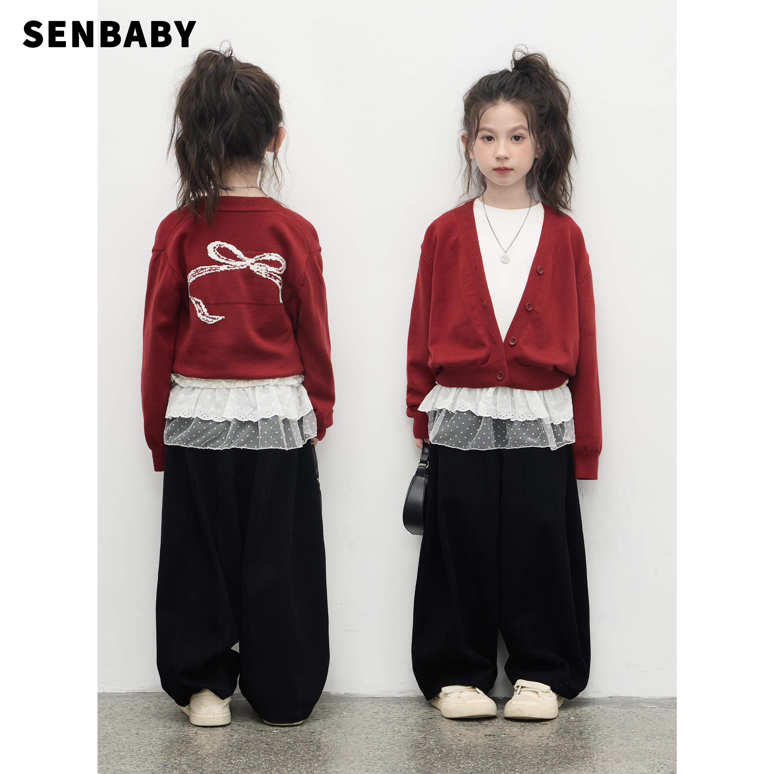 【现货】senbaby童装女童针织衫上衣秋季新款儿童提花V领毛衣开衫