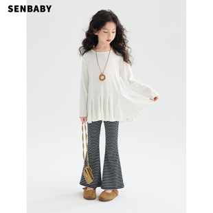 T恤洋气百褶下摆打底衫 上衣 长袖 女童26春款 现货 senbaby童装