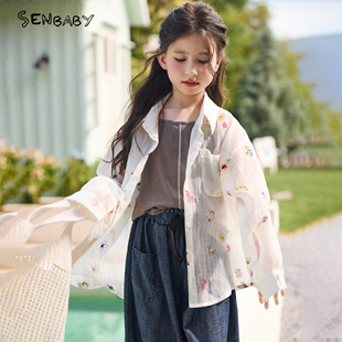 【现货】senbaby童装女童长袖衬衣夏季韩版翻领宽松轻薄防晒衬衫