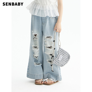休闲直筒破洞烫钻牛仔裤 senbaby童装 潮儿童韩版 长裤 子 女童牛仔裤
