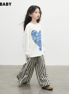 【现货】senbaby女童套头秋季新款韩版儿童圆领蓝色爱心宽松卫衣