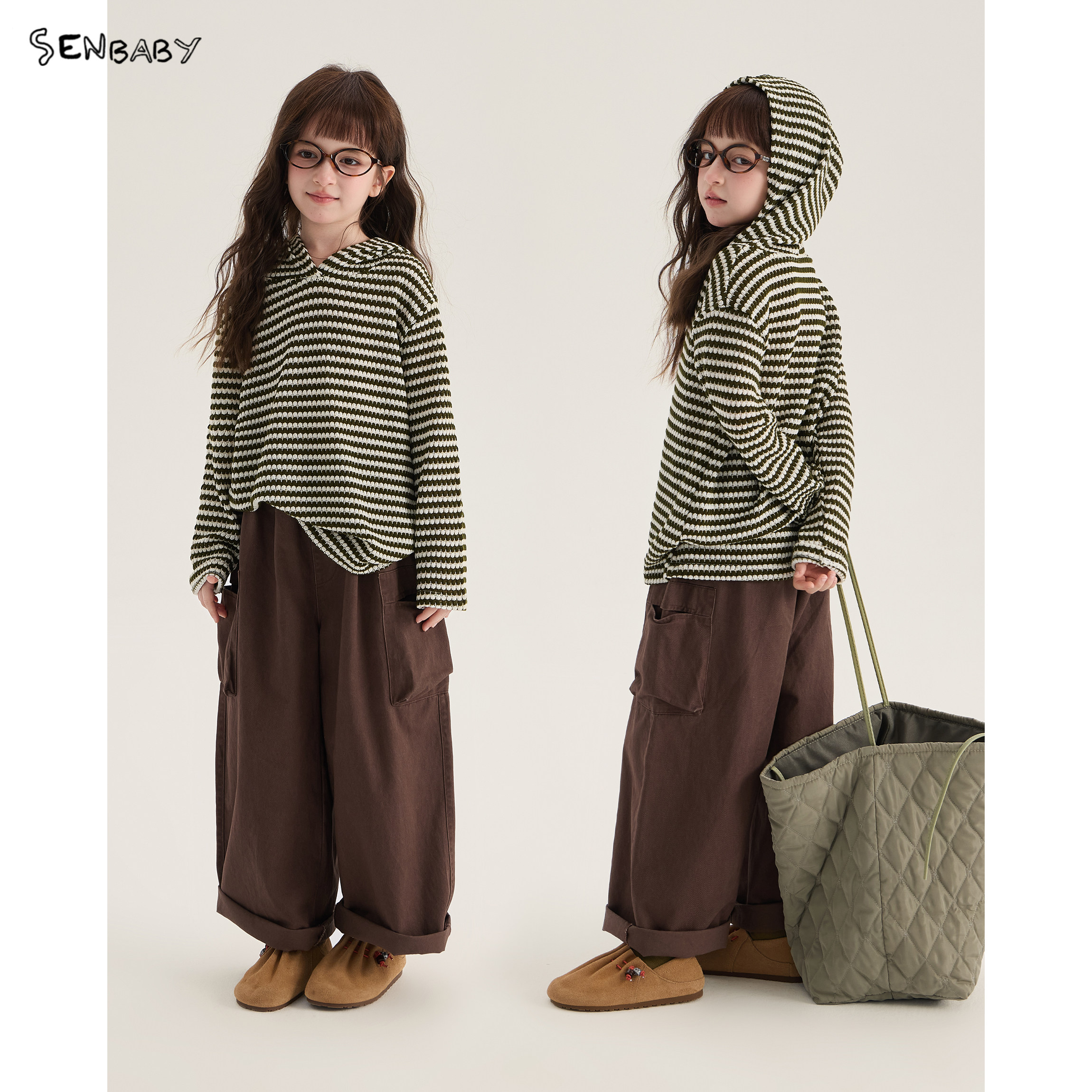 senbaby童装女童连帽上衣2026秋季新款韩版儿童套头卫衣条纹帽衫
