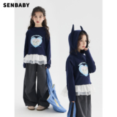 儿童拼接裙摆上衣尖角帽衫 senbaby童装 女童连帽印花卫衣26春款