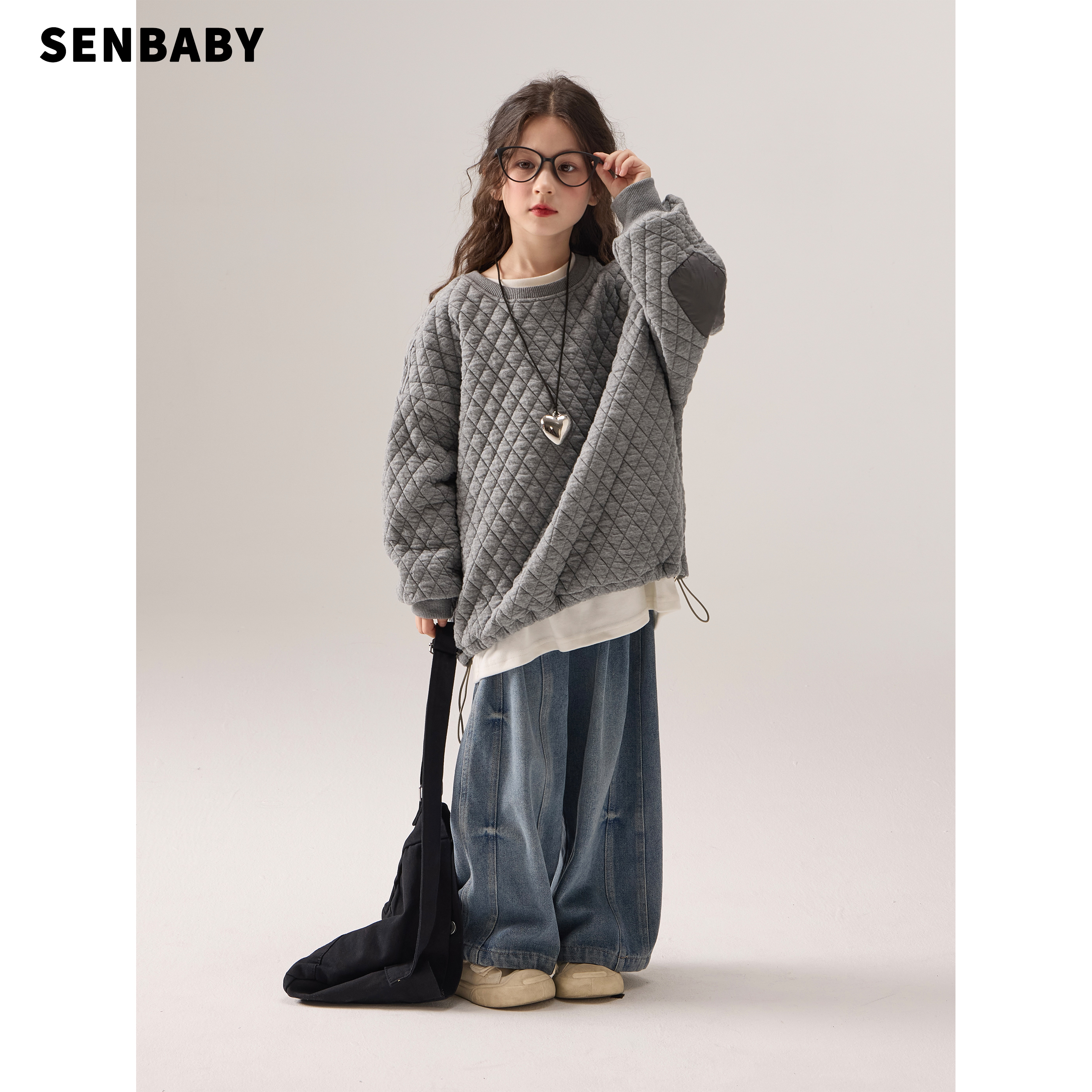 senbaby童装女童保暖上衣2025秋冬休闲儿童长袖圆领套头绗棉卫衣