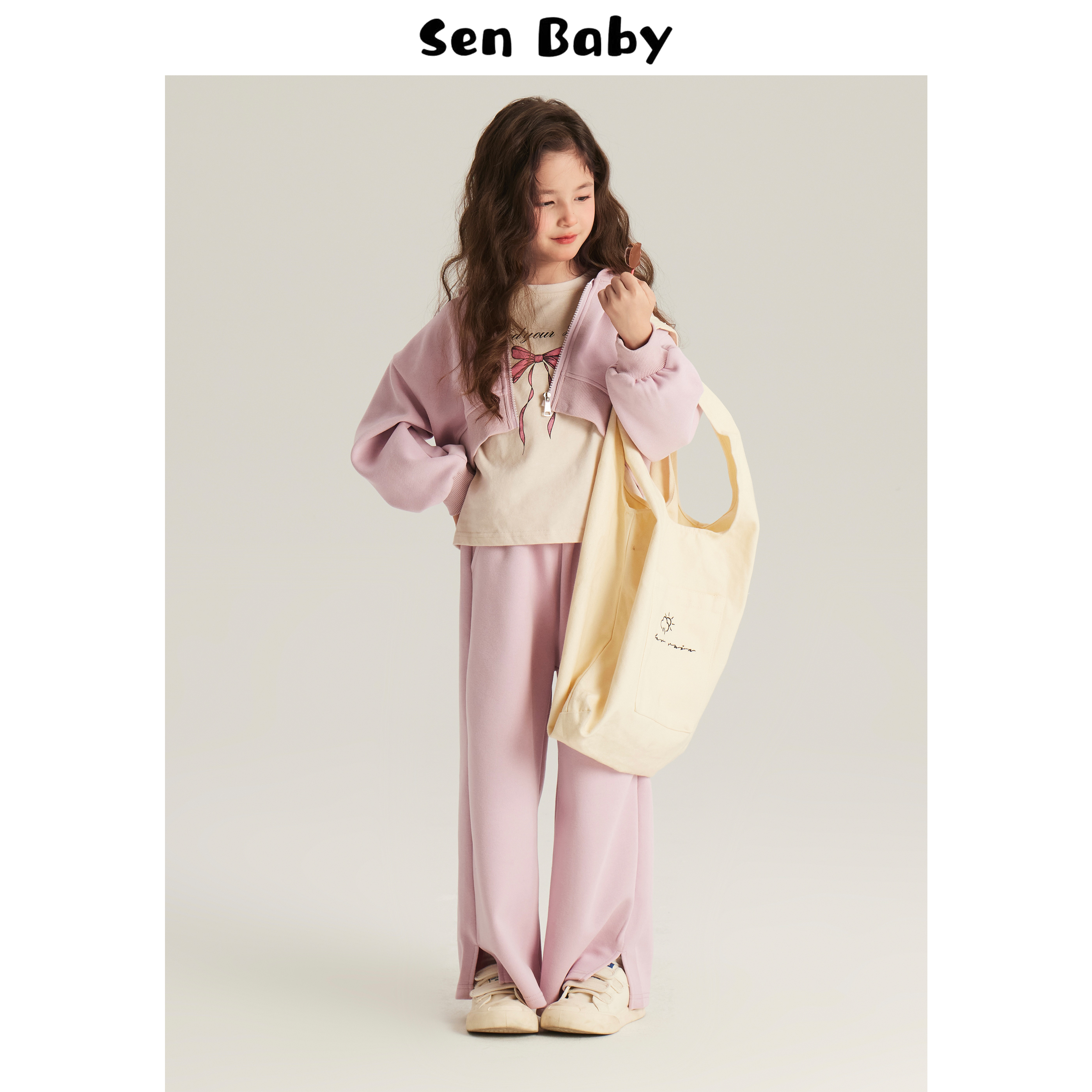 Senbaby女童春装套装休闲2024童装中大童短版开衫+直筒裤+短袖T