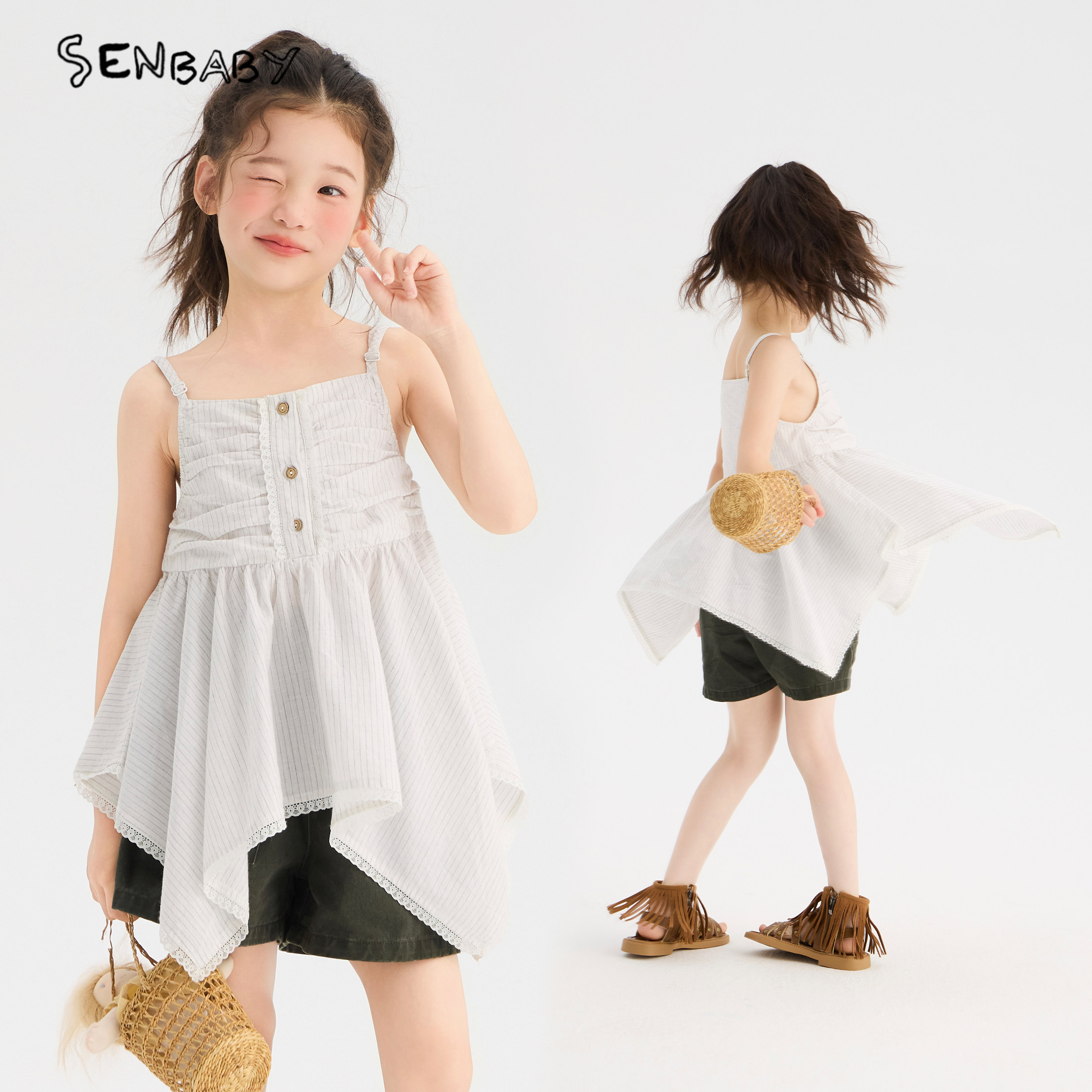 【现货】senbaby童装女童夏季不规则裙摆吊带上衣+工装短裤两件套图片