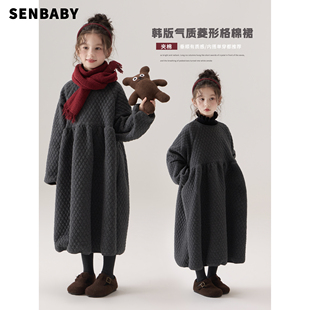 儿童菱形格纹绗薄棉洋气连衣裙 棉裙冬季 senbaby童装 女童韩系长袖