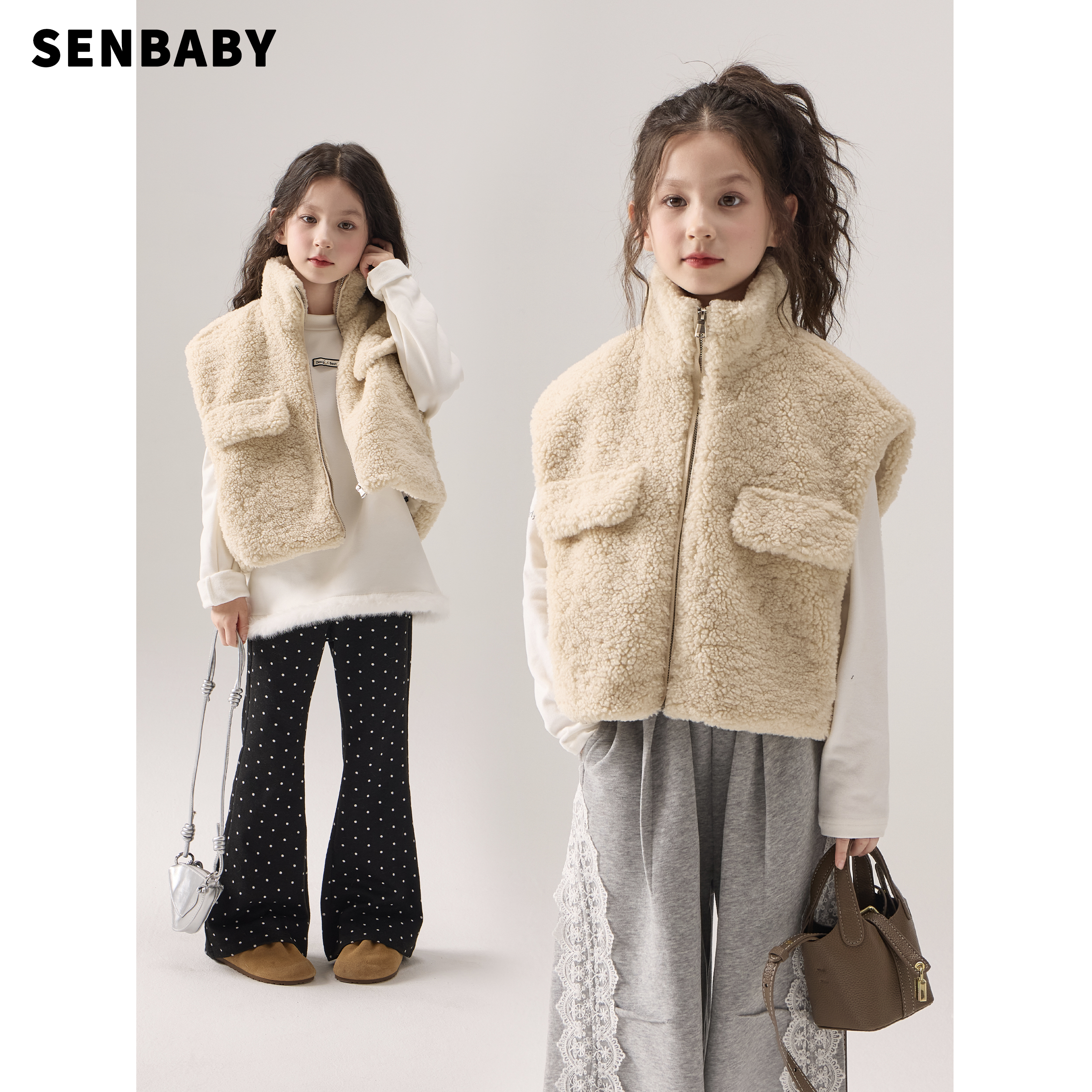 senbaby冬季女童羊羔绒马甲韩版洋气儿童立领保暖毛绒坎肩外套
