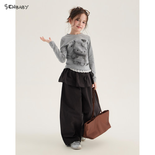 senbaby童装女童秋季打底T2026新款儿童圆领花边卡通猫咪长袖T恤