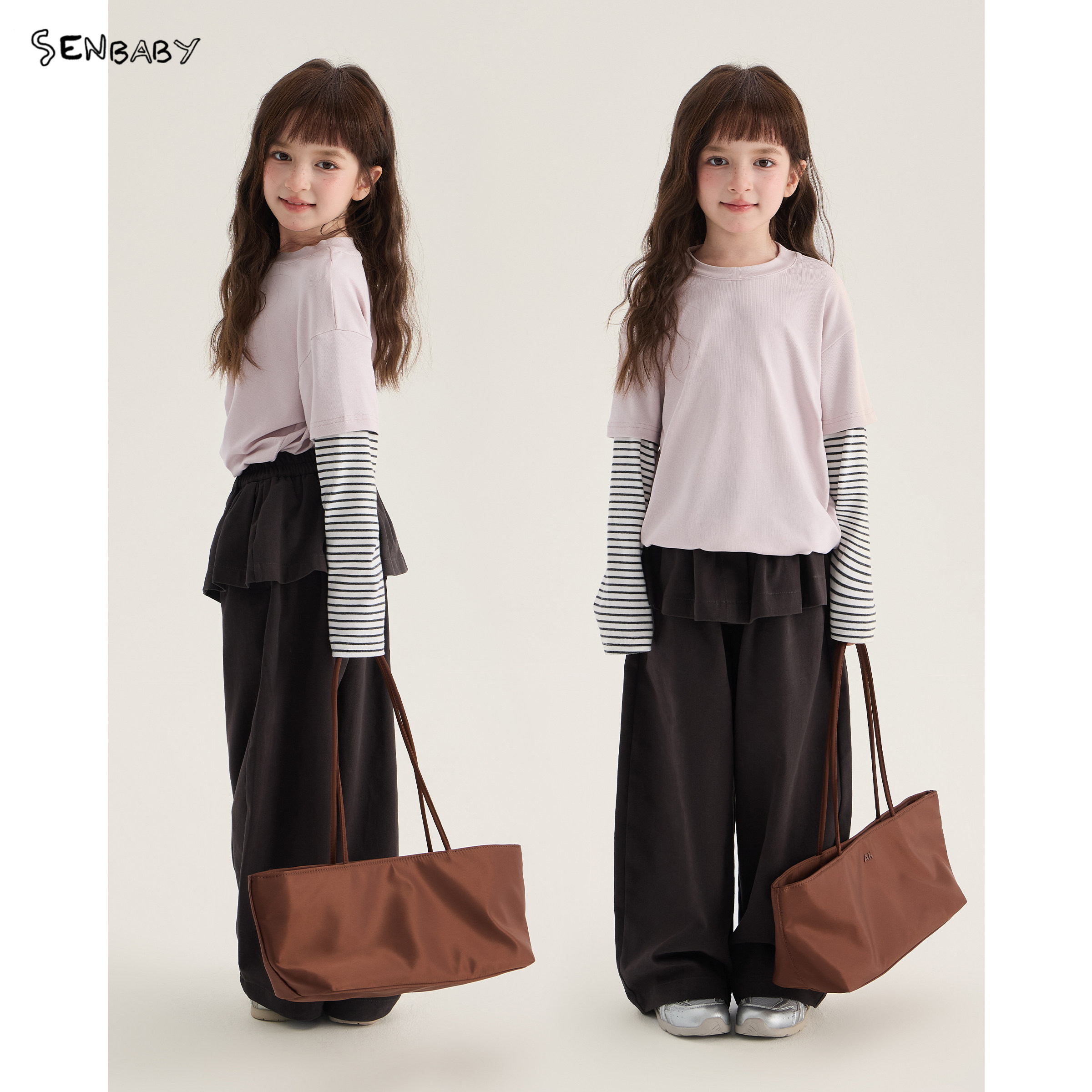 【现货】senbaby童装女童长袖打底衫2026秋新款条纹袖假两件T图片
