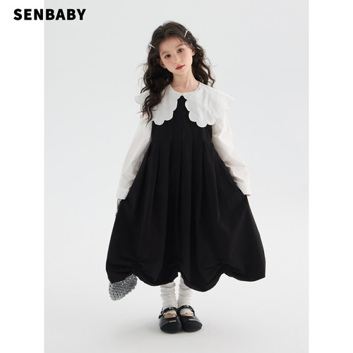 【现货】senbaby童装女童套装春季儿童花边大翻领长袖衬衫背心裙