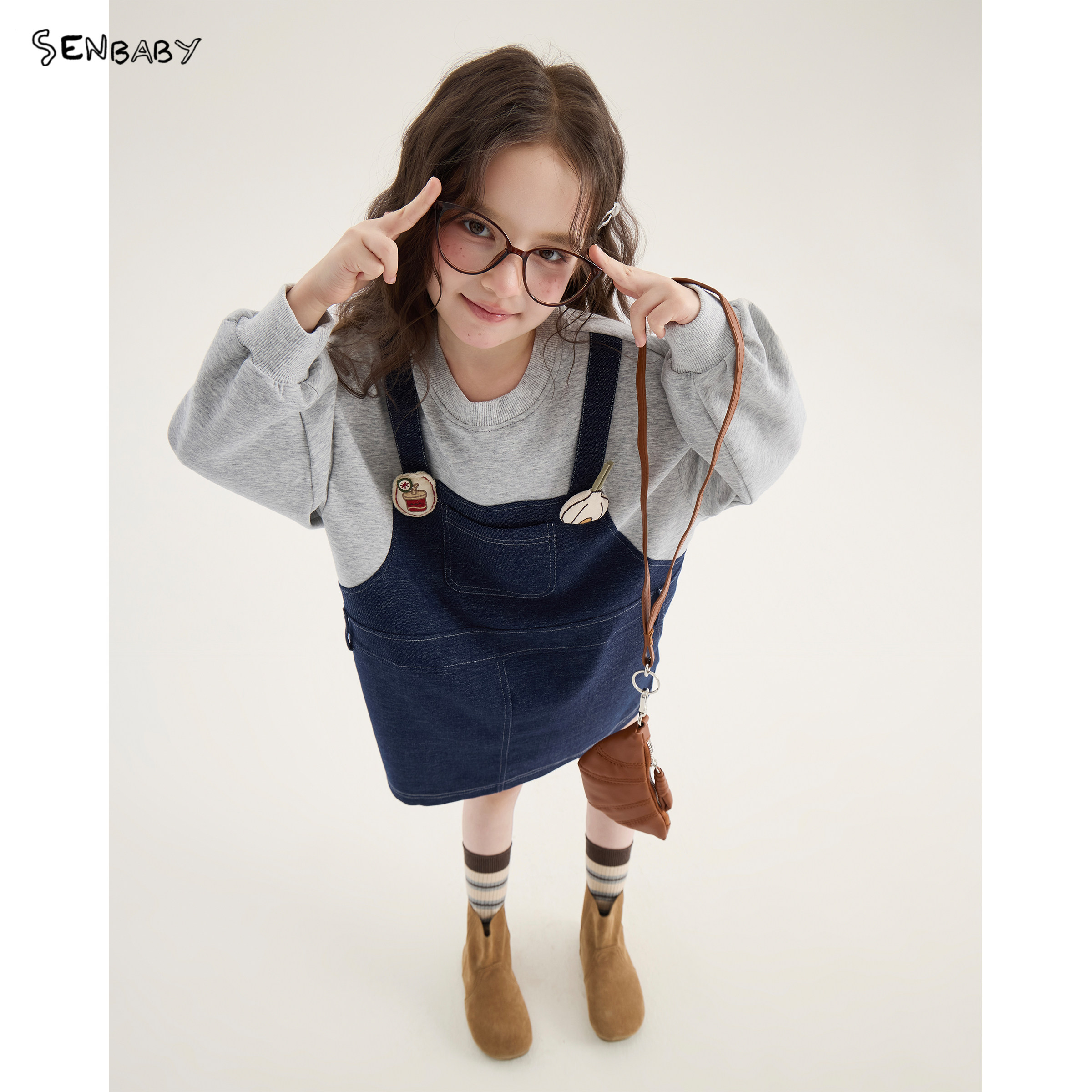 【现货】senbaby童装女童长袖裙2026秋设计感儿童假两件卫衣裙图片