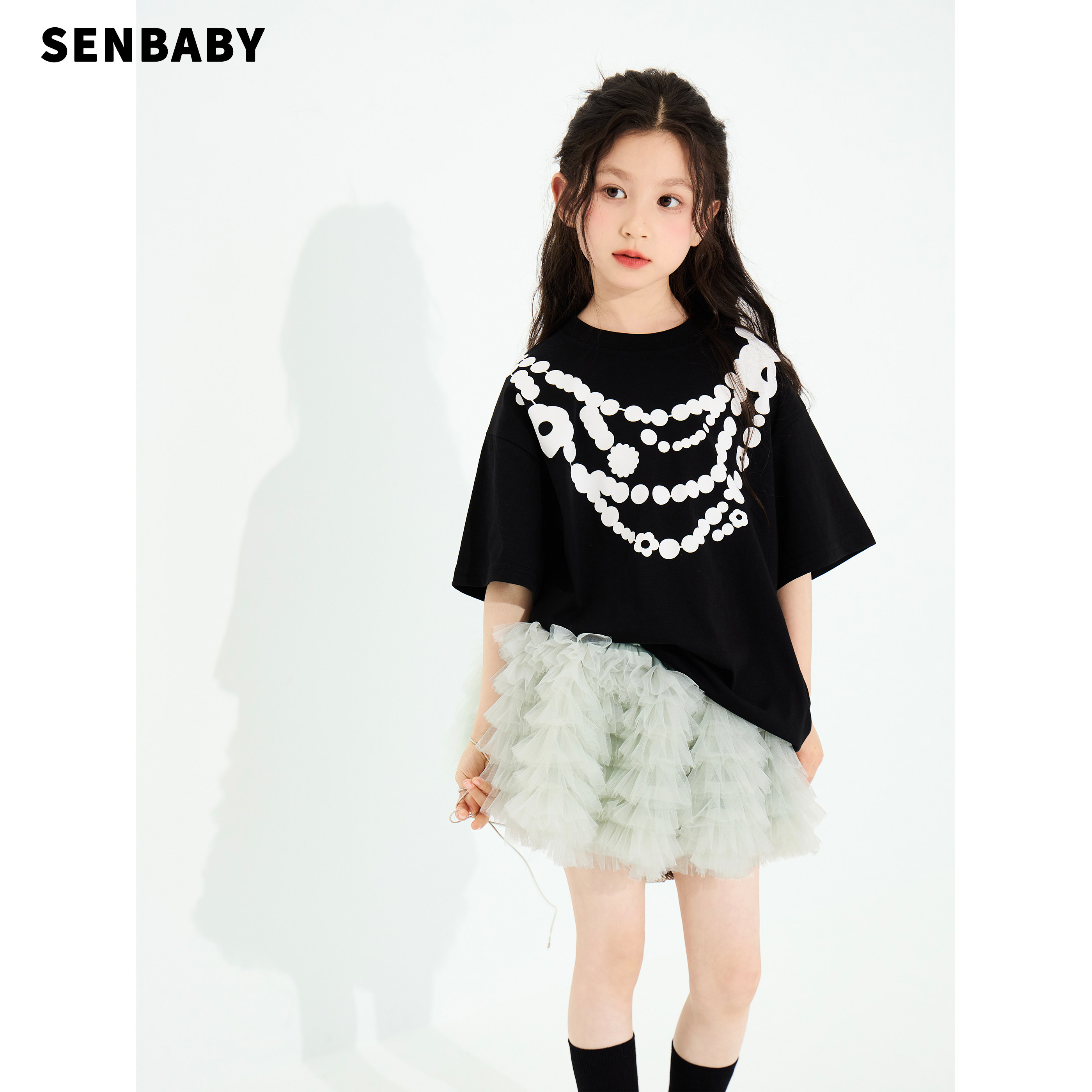 【现货】senbaby童装女童T恤夏季短袖圆领休闲上衣儿童项链印花T