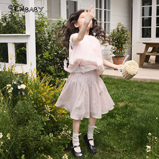 【现货】senbaby童装女童夏季四件套儿童洋气短袖短裙粉色套装