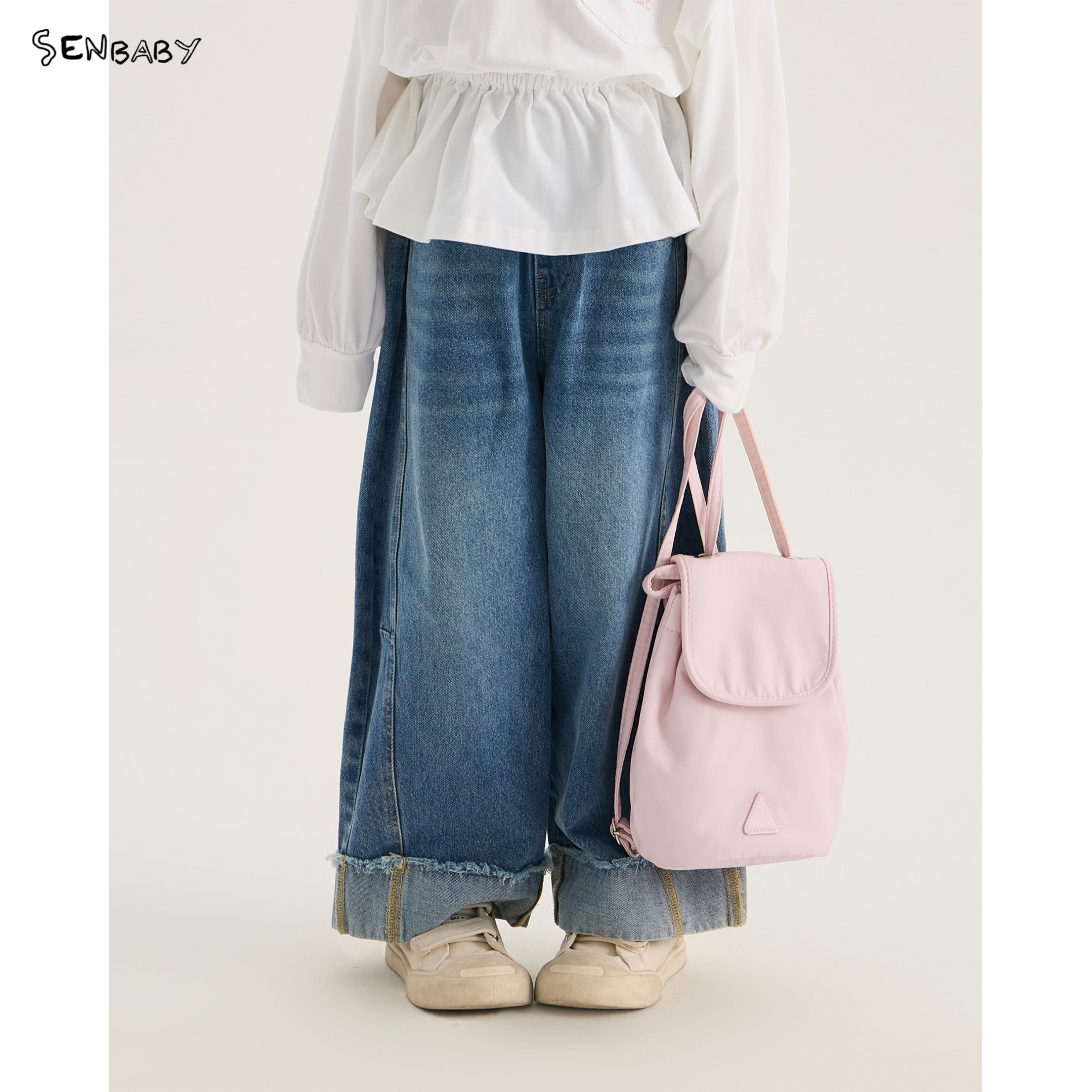 senbaby童装女童牛仔裤2026秋季新款长裤翻边牛仔直筒裤图片