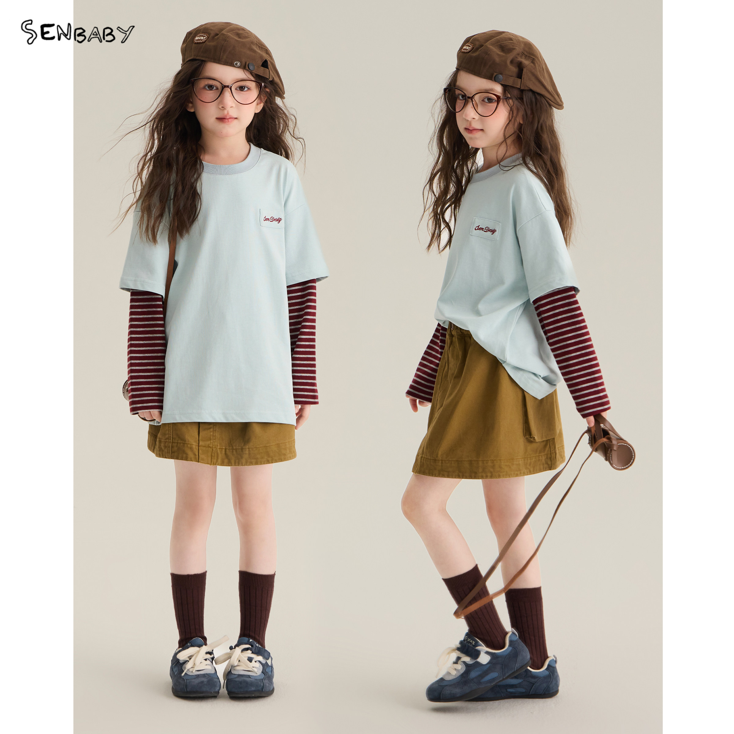 【现货】senbaby童装女童套装韩版儿童撞色长袖T恤工装半裙两件套图片