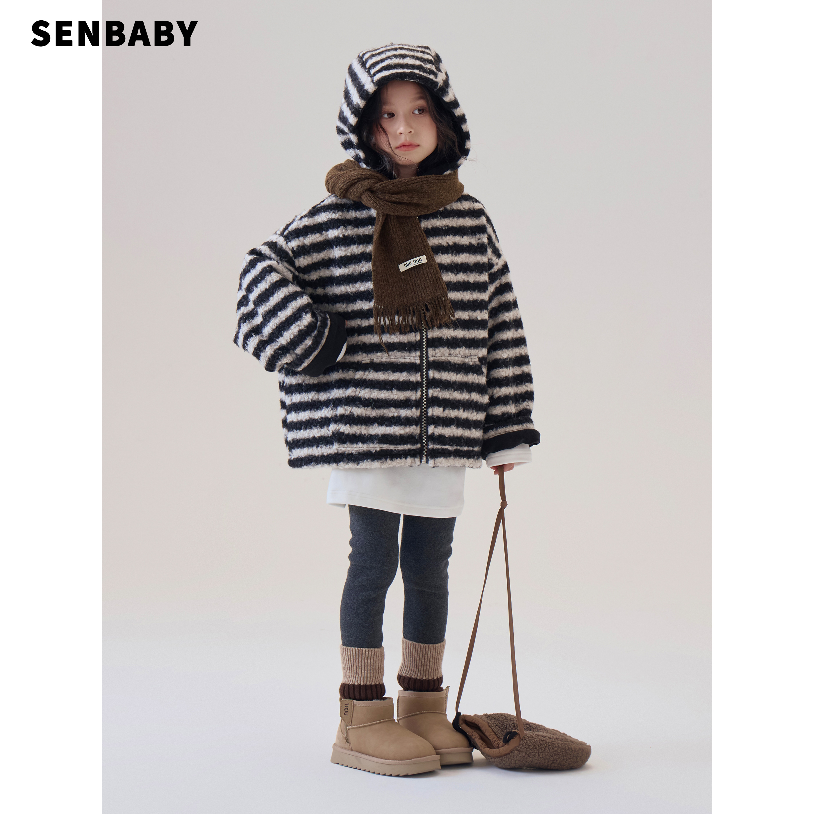 【亲子】童装女童加绒连帽外套2025冬季韩版儿童洋气条纹毛绒外套