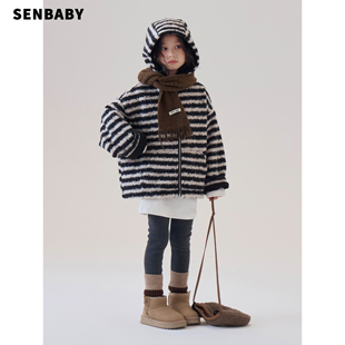 【现货亲子】童装女童加绒连帽外套2025冬季韩版儿童条纹毛绒外套