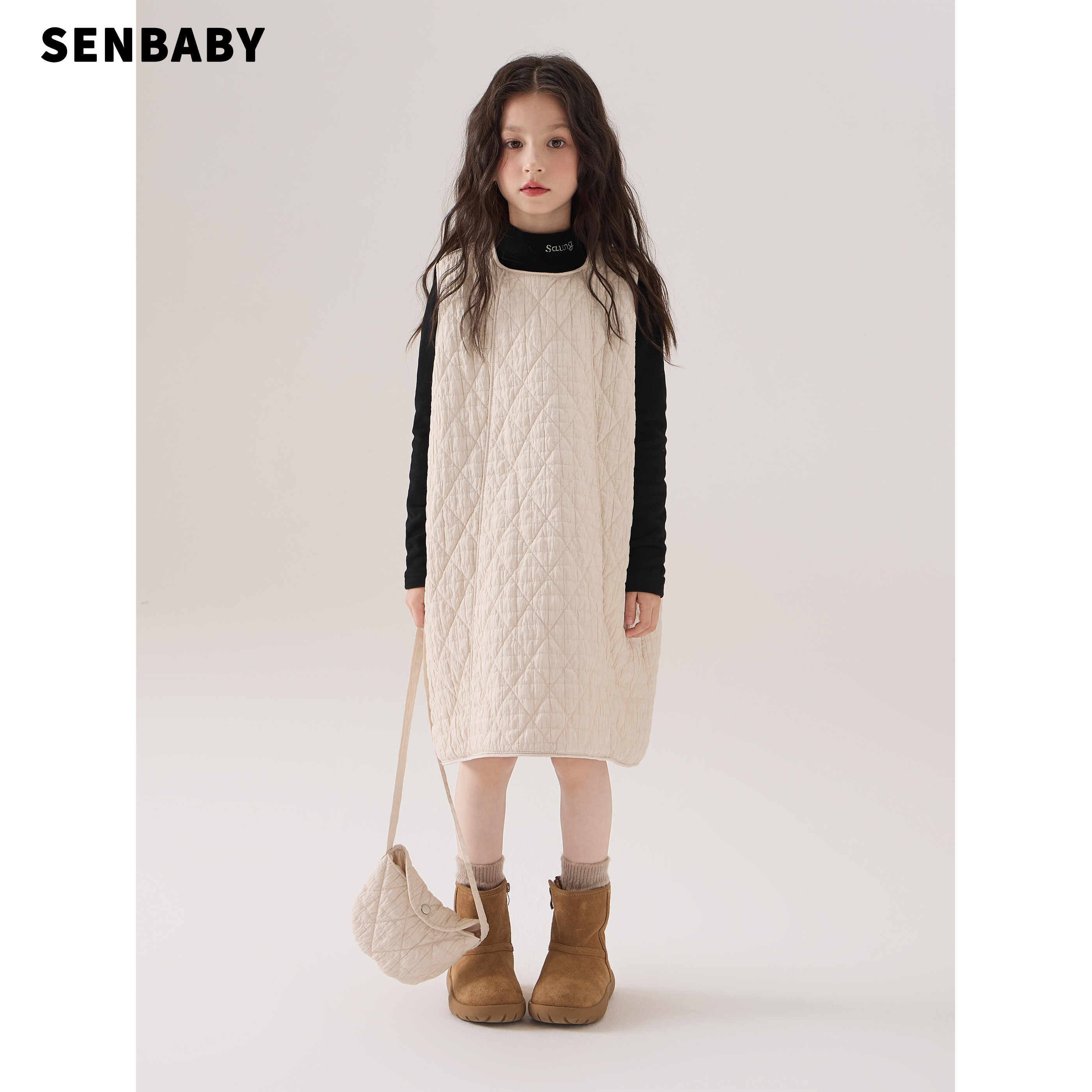 【现货】senbaby童装女童无袖裙秋冬新款韩版保暖连衣裙(配包包)