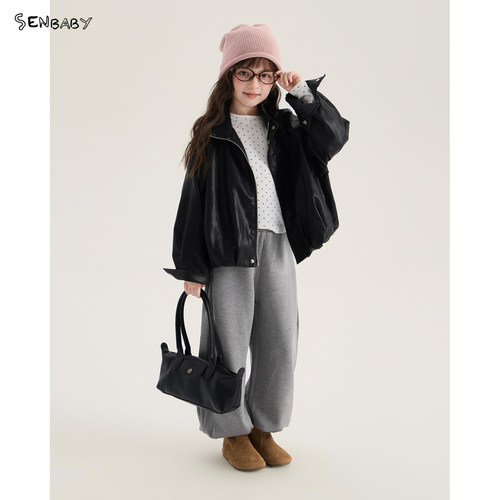 【现货】senbaby童装女童皮夹克2026秋款机车风外套立领皮衣外套